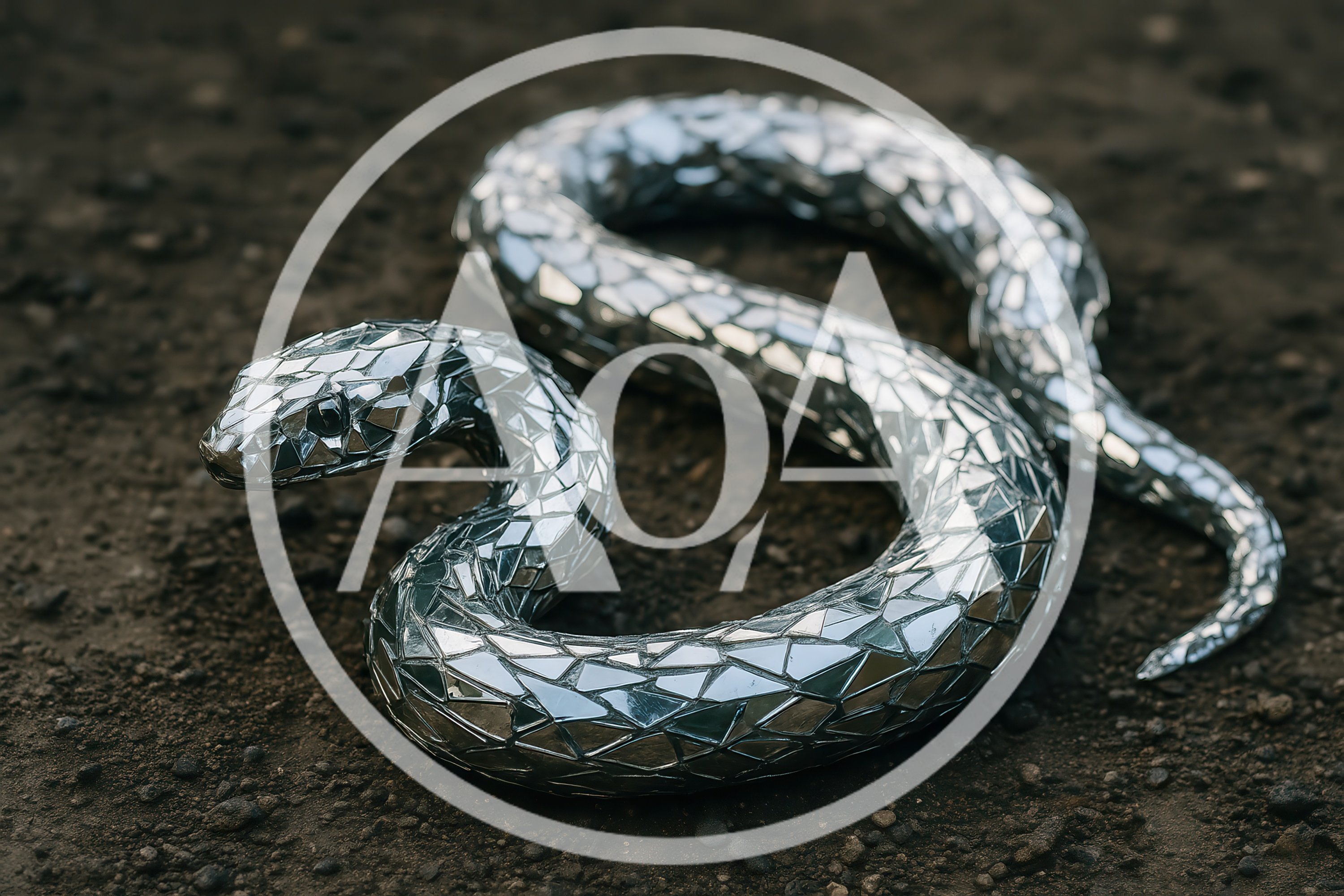 Mirrored Mosaic Snake Sculpture on Dark Ground