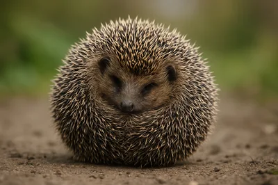 Curled Up Hedgehog Resting On Dirt Path