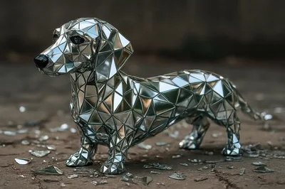 Mirrored Geometric Dachshund Sculpture on Cracked Ground