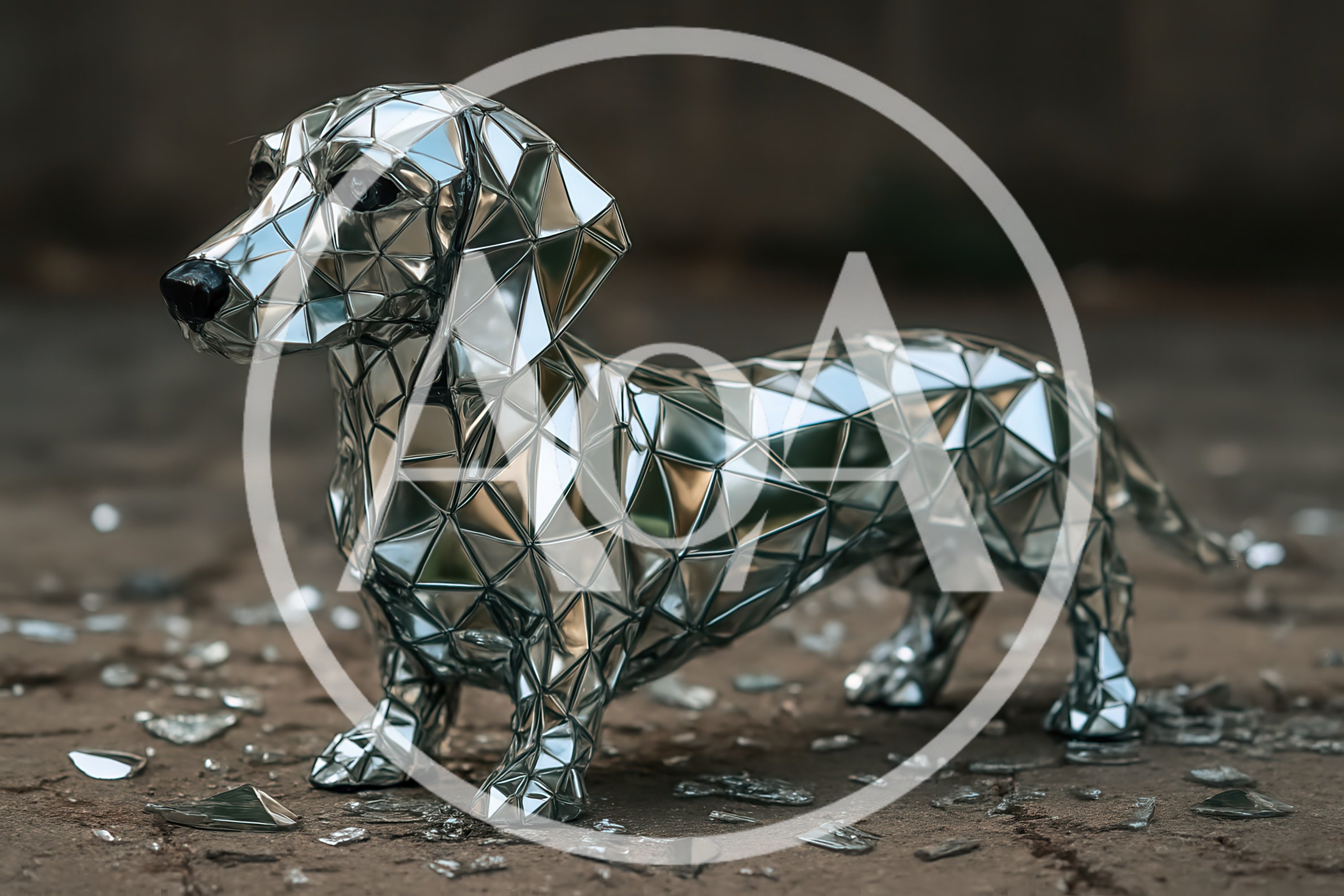 Mirrored Geometric Dachshund Sculpture on Cracked Ground