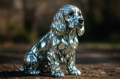 Reflective Geometric Mirror Sculpture Of A Sitting Dog