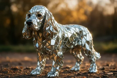 Reflective Mosaic Mirror Sculpture Of A Spaniel Dog