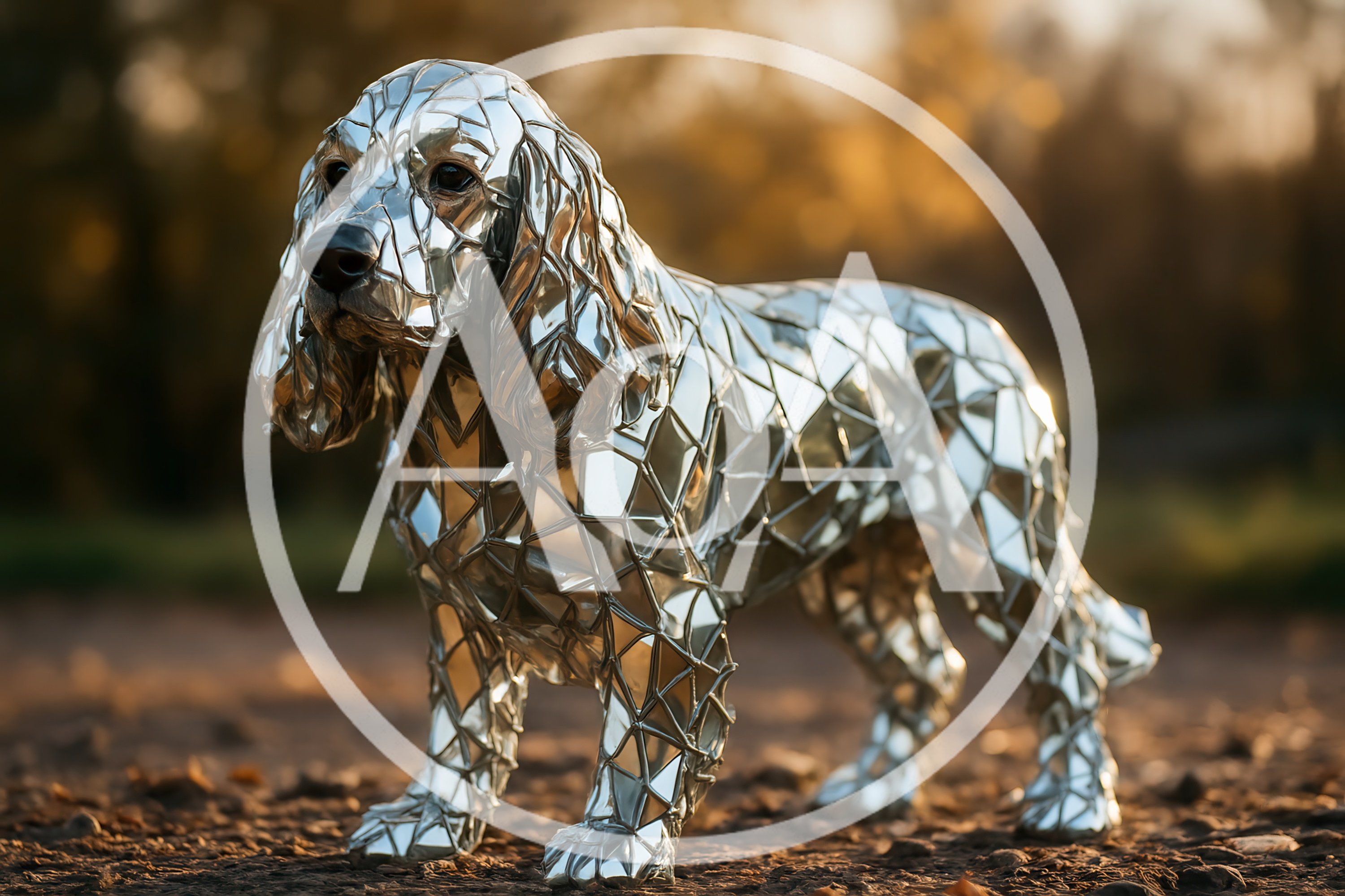 Reflective Mosaic Mirror Sculpture Of A Spaniel Dog