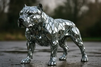 Mirrored Geometric Pitbull Sculpture Standing Outdoors