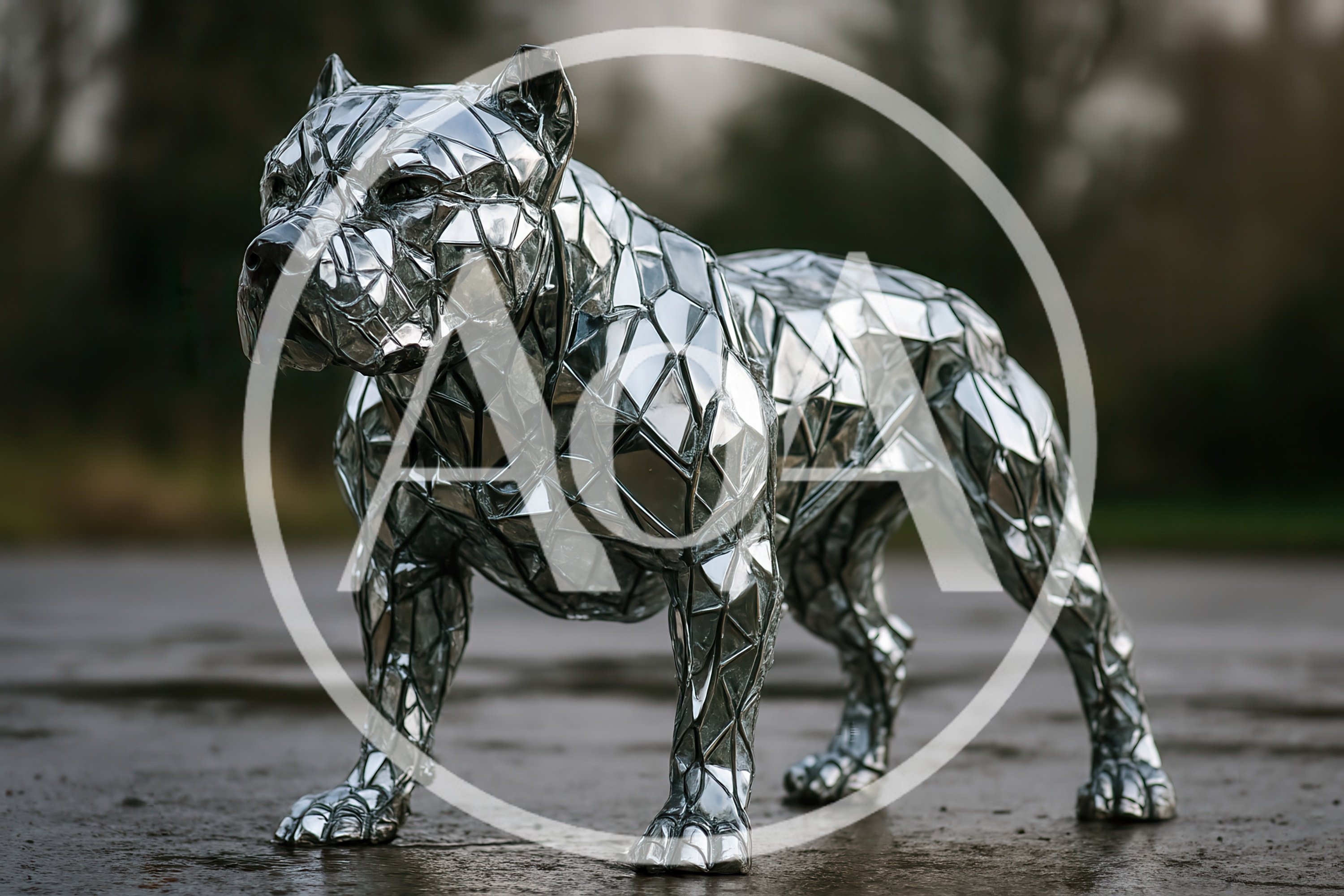 Mirrored Geometric Pitbull Sculpture Standing Outdoors