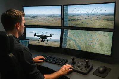 Drone Operator Monitoring Swarm Technology In Control Room