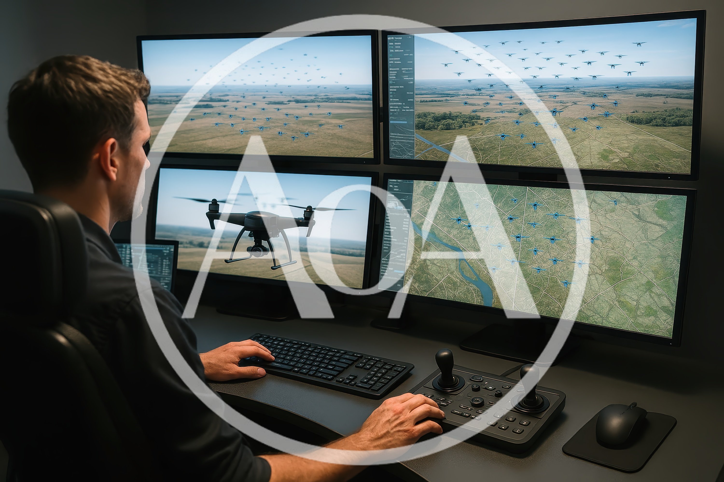 Drone Operator Monitoring Swarm Technology In Control Room