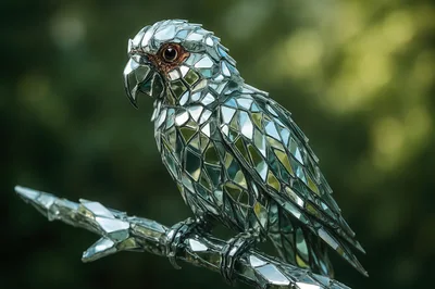 Mosaic Mirror Parrot Sculpture Perched On A Branch