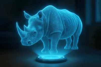 Holographic Rhinoceros Projection On Futuristic Display Base