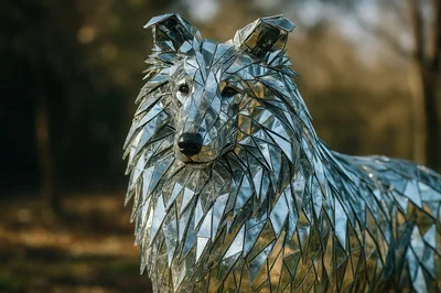 Reflective Mirror Mosaic Sculpture Of A Collie Dog