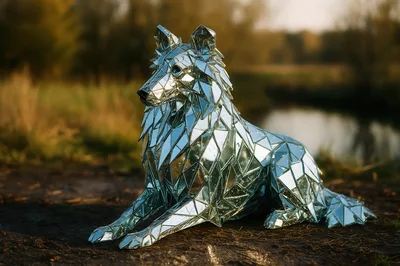 Mirrored Geometric Wolf Sculpture Outdoors