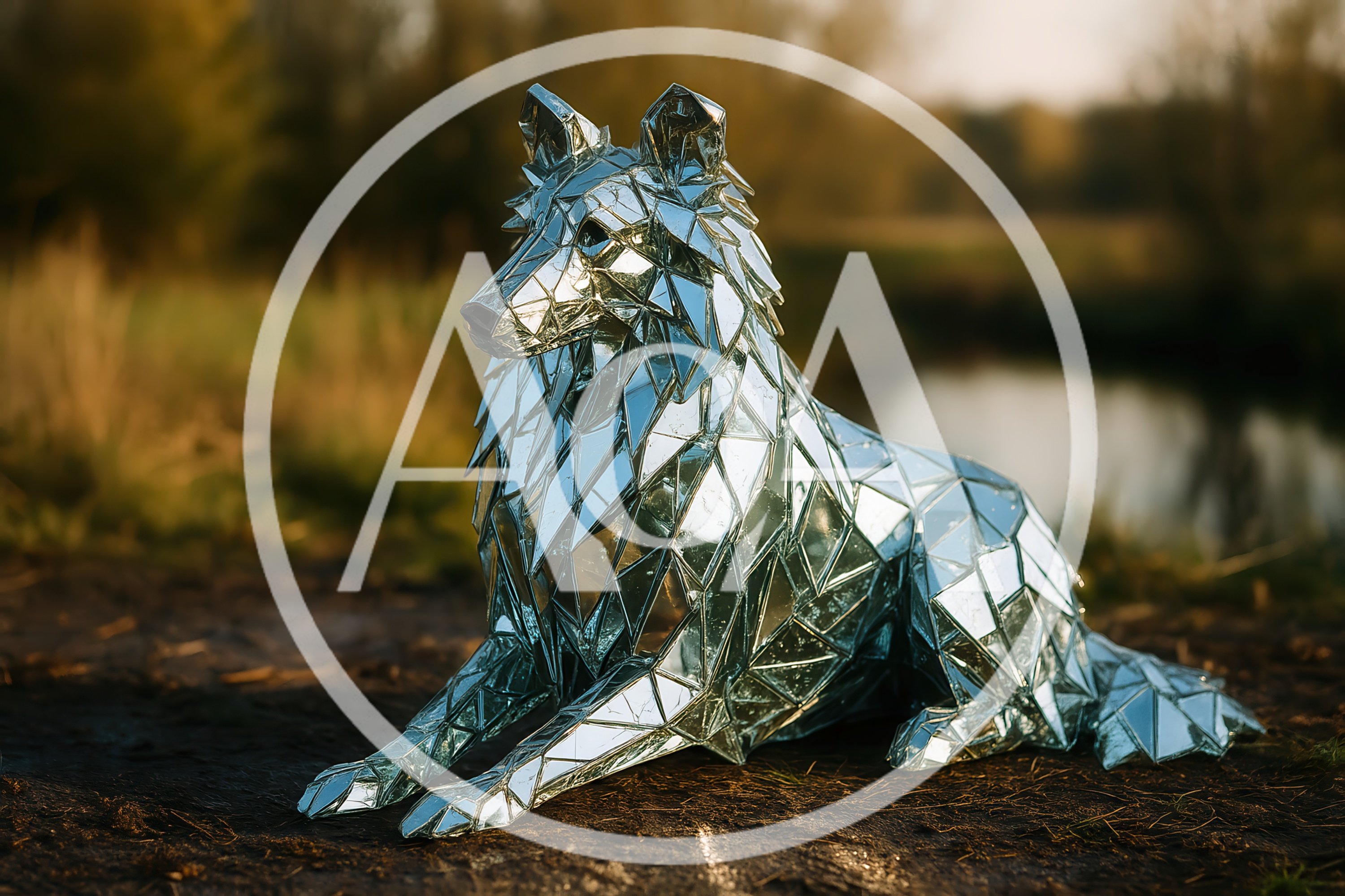 Mirrored Geometric Wolf Sculpture Outdoors