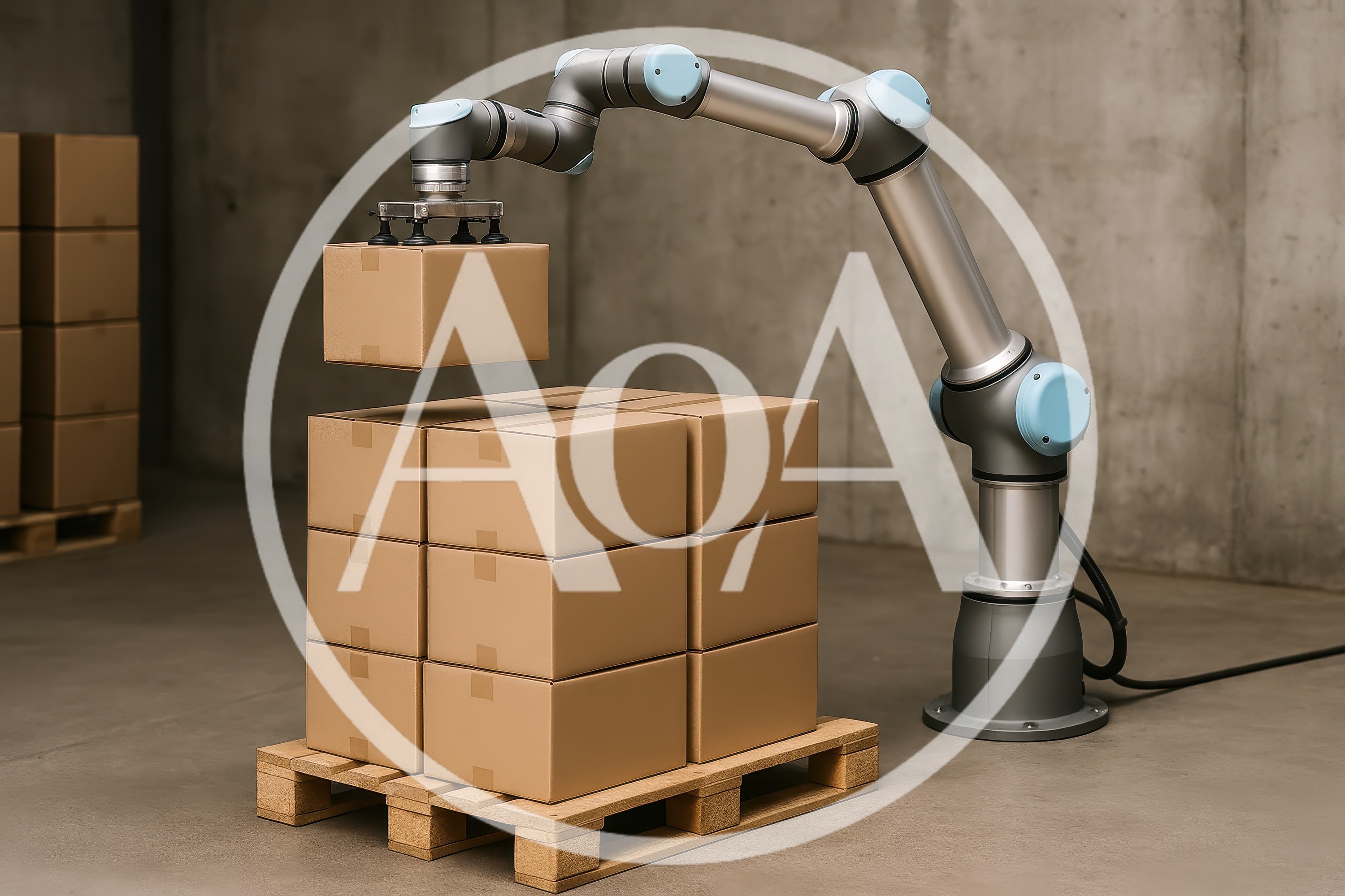 Industrial Robotic Arm Palletizing Cardboard Boxes