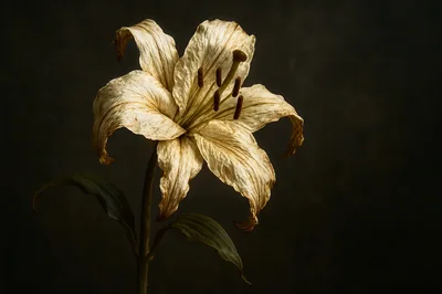 Withered Lily Flower Against Dark Moody Background