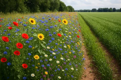 Wildflower Meadow Bordering A Green Wheat Field