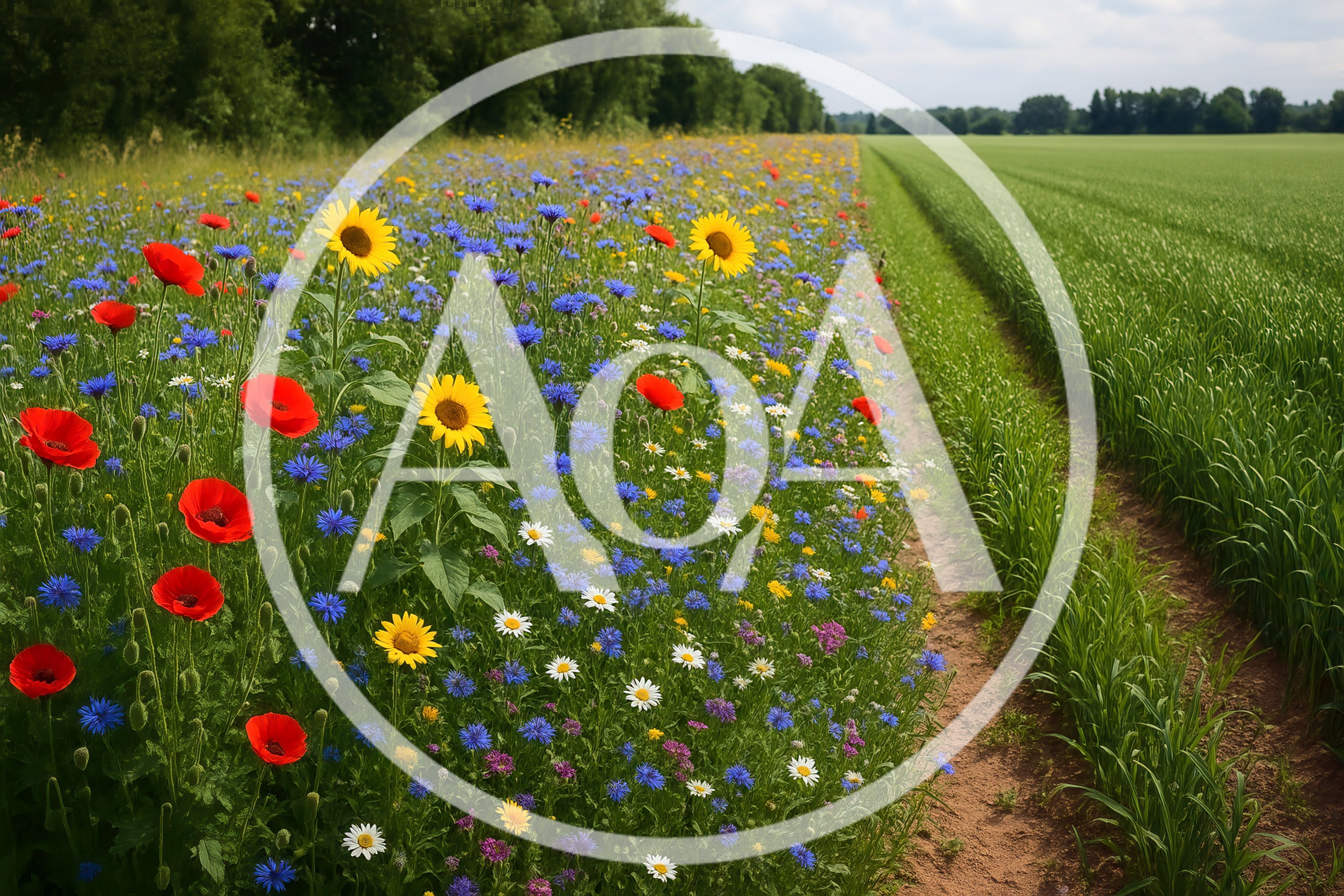Wildflower Meadow Bordering A Green Wheat Field