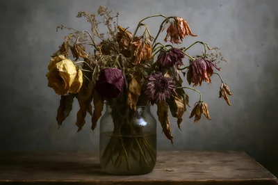 Dried Flowers In A Glass Jar On Wooden Table