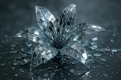 Silver Mirror Lily Flower Sculpture With Shattered Glass Fragments