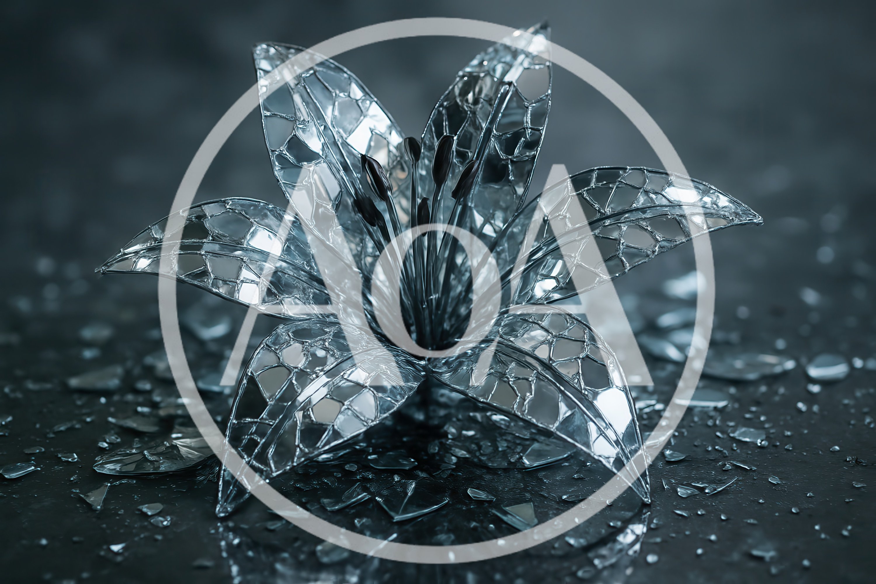 Silver Mirror Lily Flower Sculpture With Shattered Glass Fragments