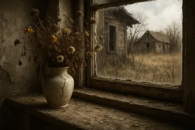 Cracked Vase With Dried Flowers On A Window Sill