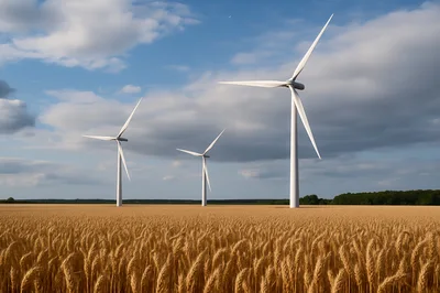 Three Wind Turbines Standing In A Golden Wheat Field