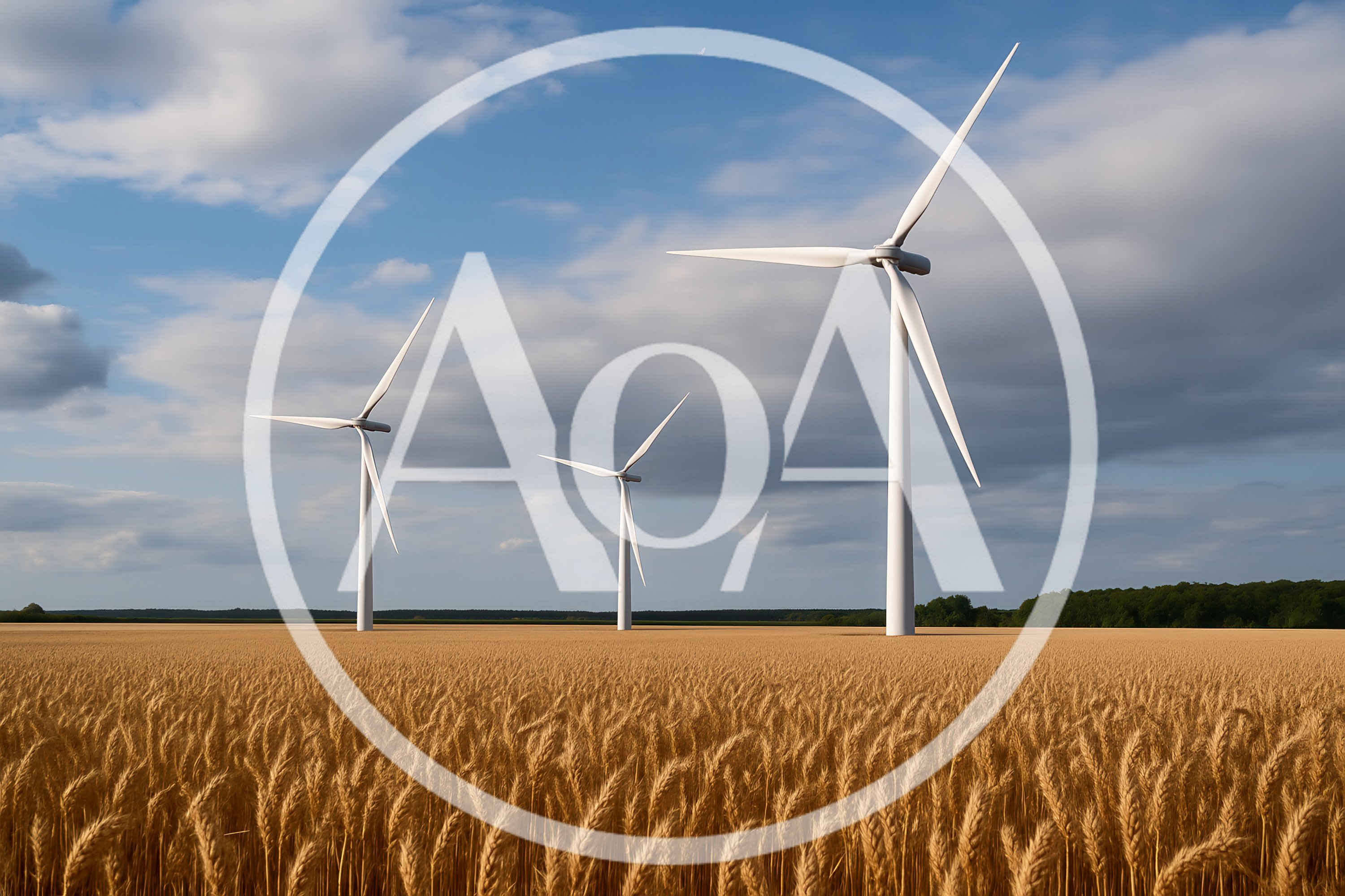 Three Wind Turbines Standing In A Golden Wheat Field