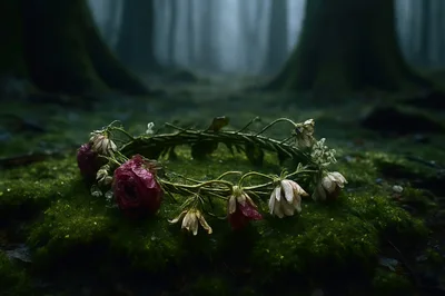 Withered Flower Crown Resting On Mossy Forest Floor