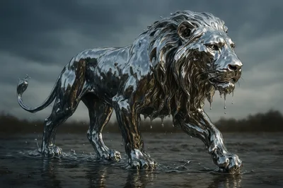 Liquid Silver Lion Walking Through Shallow Water