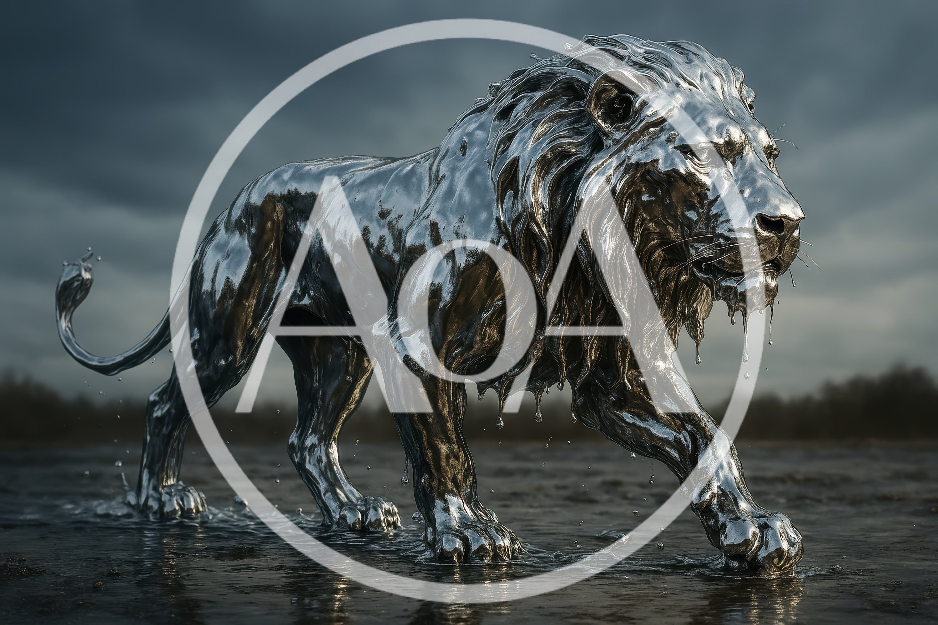 Liquid Silver Lion Walking Through Shallow Water