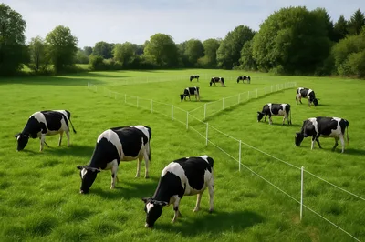 Holstein Cows Grazing In A Fenced Green Pasture