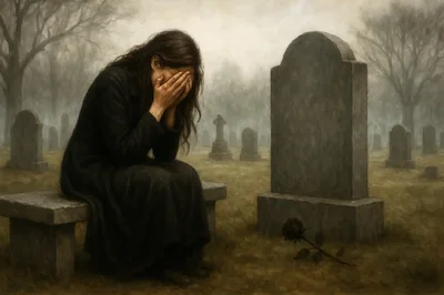Grieving Woman Sitting On A Cemetery Bench