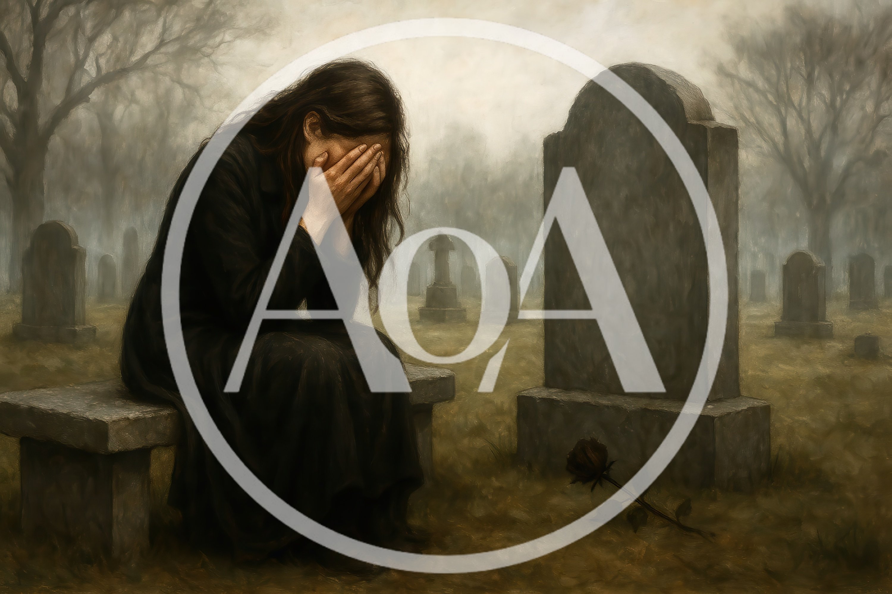 Grieving Woman Sitting On A Cemetery Bench