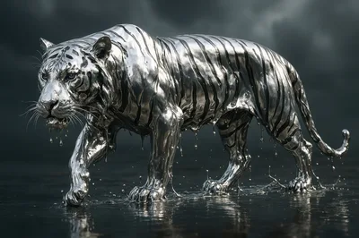 Liquid Silver Tiger Walking Through Dark Water