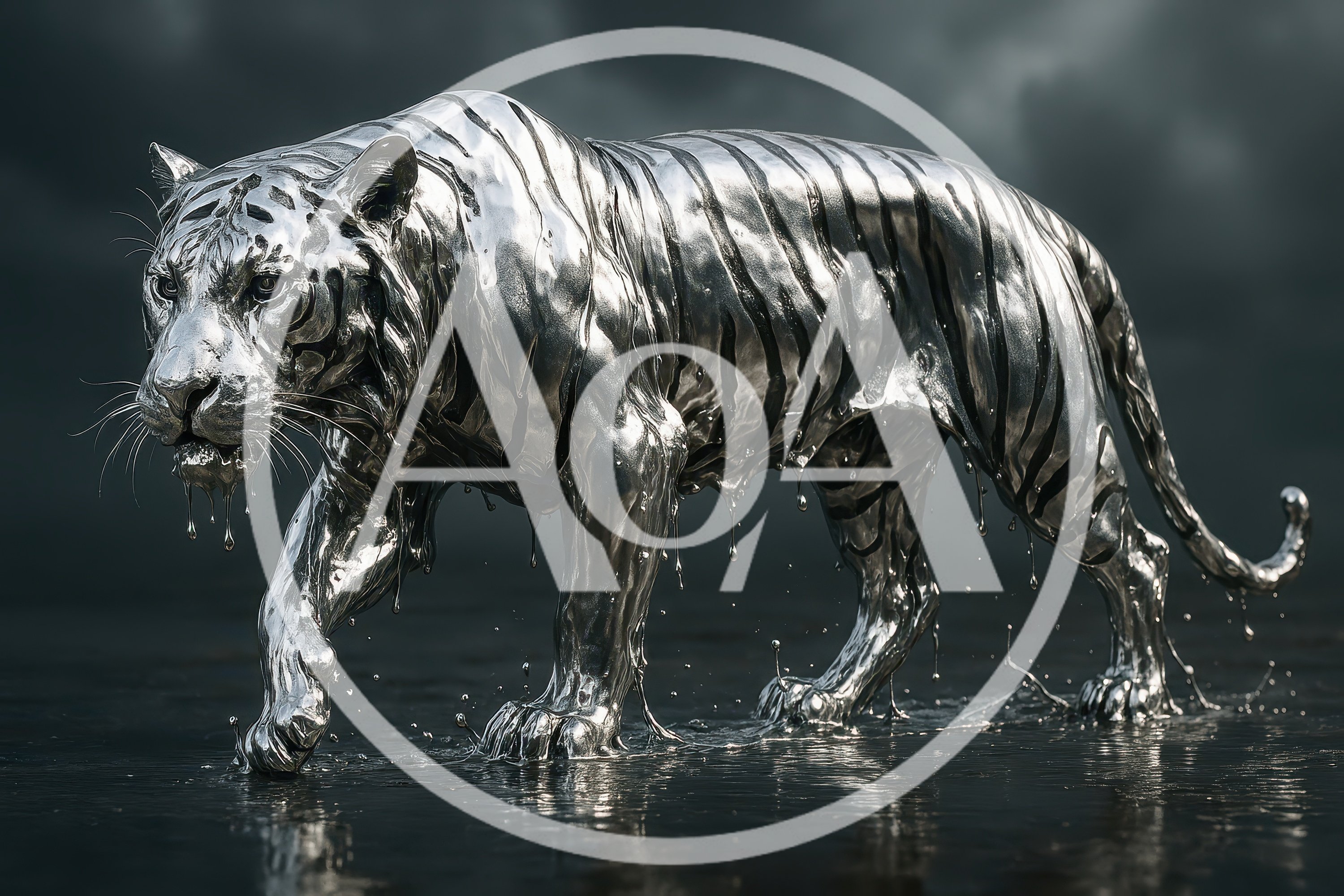 Liquid Silver Tiger Walking Through Dark Water