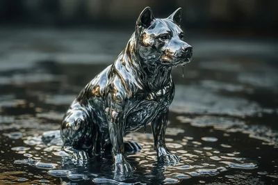 Liquid Silver Pitbull Statue Sitting In Puddle