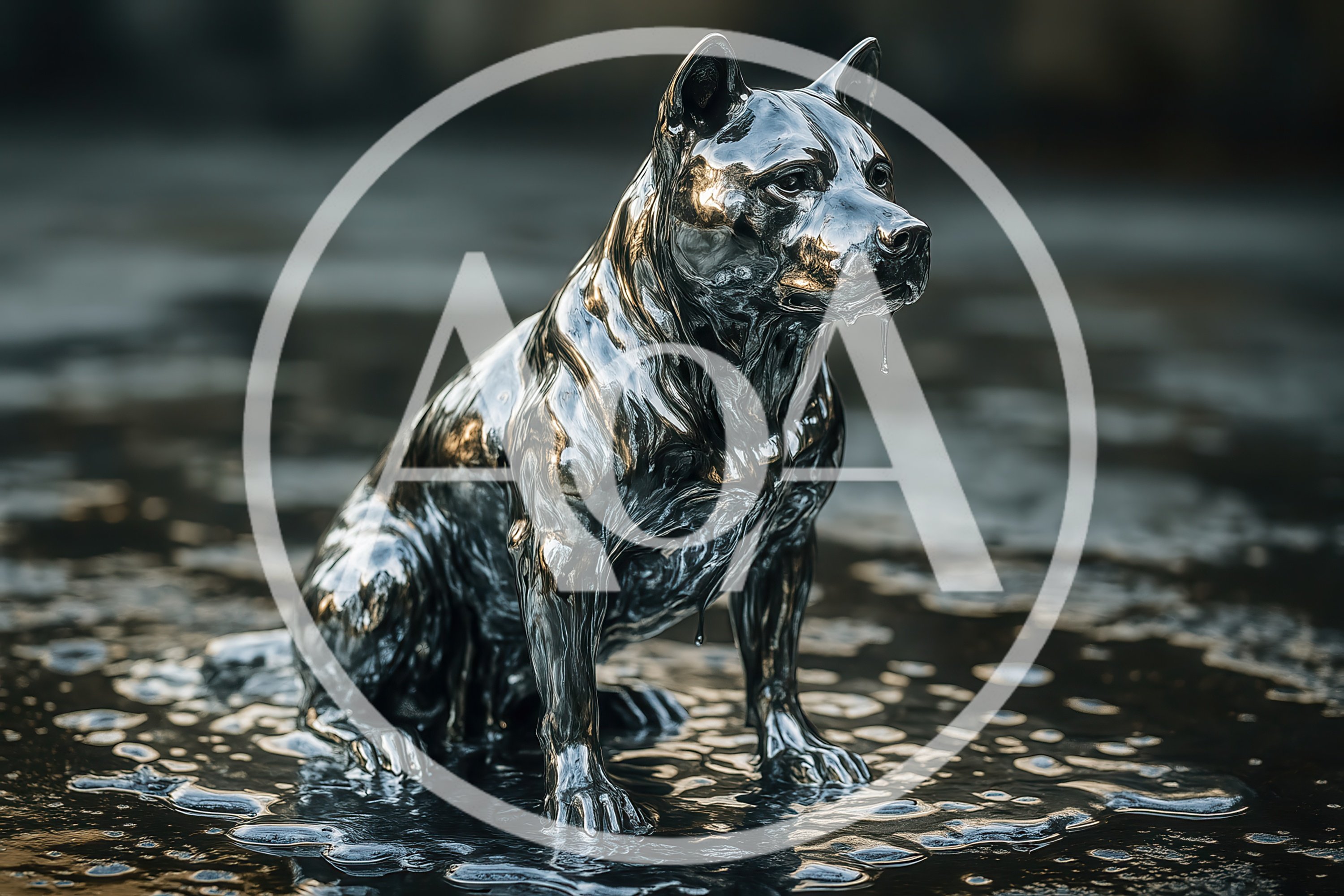 Liquid Silver Pitbull Statue Sitting In Puddle