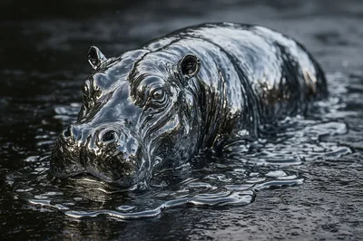 Metallic Liquid Hippo Emerging From Dark Reflective Surface