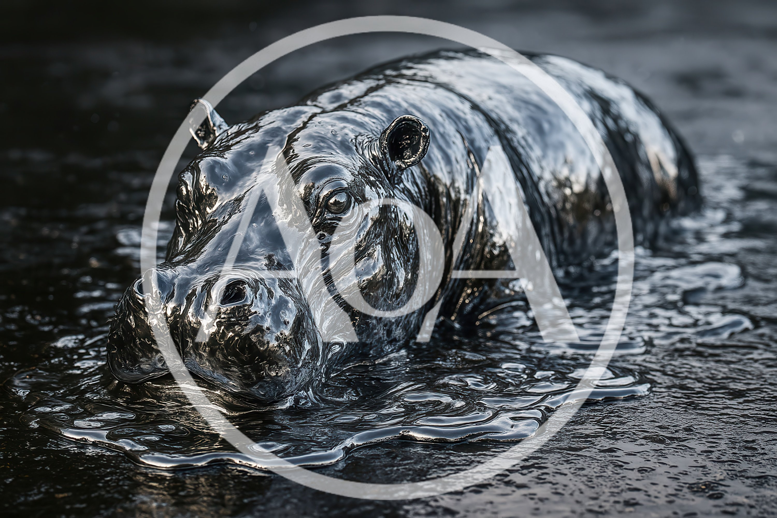 Metallic Liquid Hippo Emerging From Dark Reflective Surface