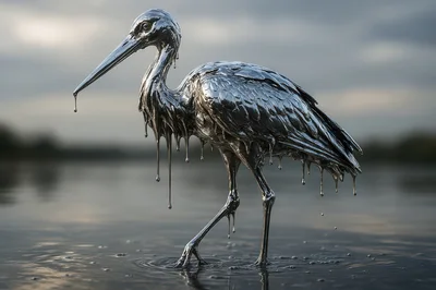 Liquid Silver Heron Standing In Shallow Water