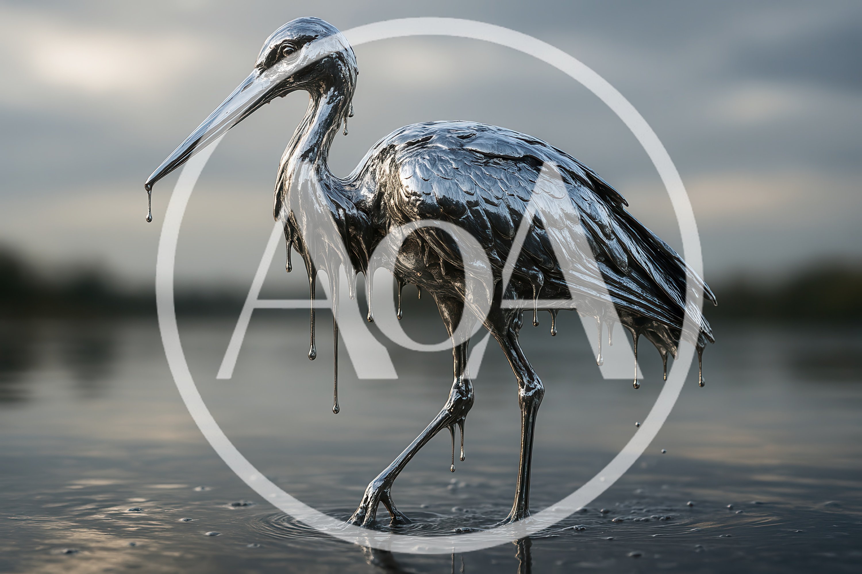 Liquid Silver Heron Standing In Shallow Water
