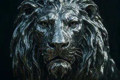 Metallic Silver Lion Sculpture Head Close Up