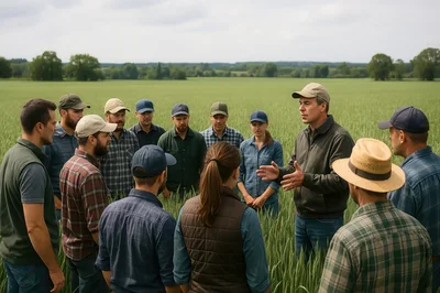 Group of Farmers Meeting in a Green Field