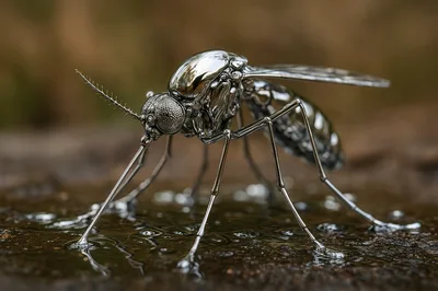 Metallic Chrome Mosquito Sculpture Standing On Wet Surface