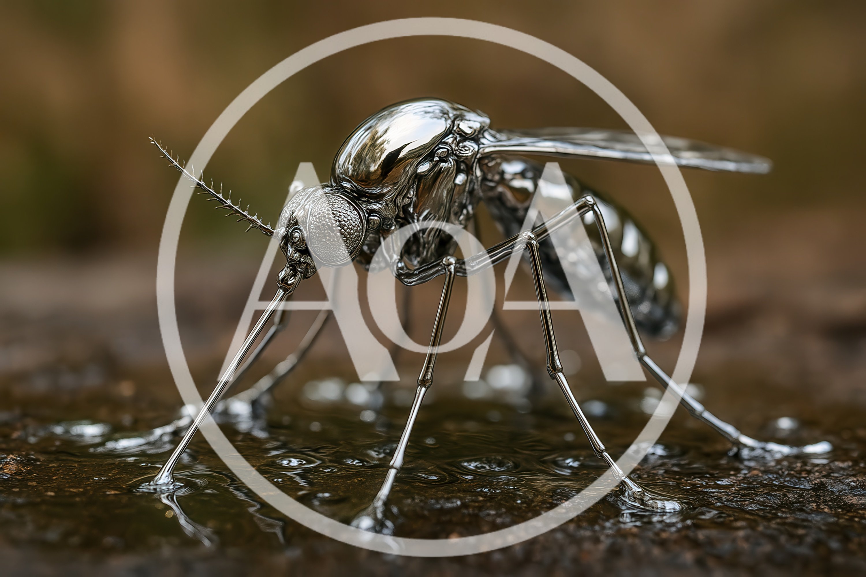 Metallic Chrome Mosquito Sculpture Standing On Wet Surface