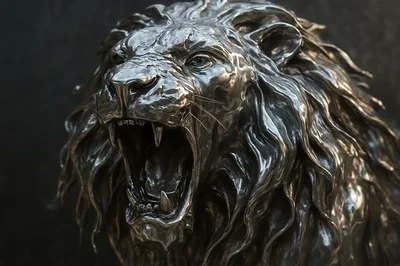 Metallic Lion Sculpture Roaring With Detailed Mane