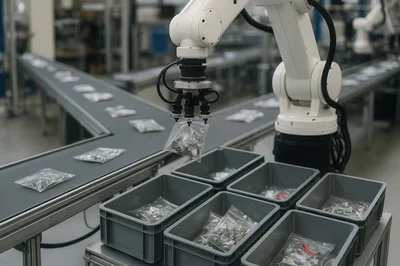 Industrial Robotic Arm Sorting Plastic Bags on Conveyor