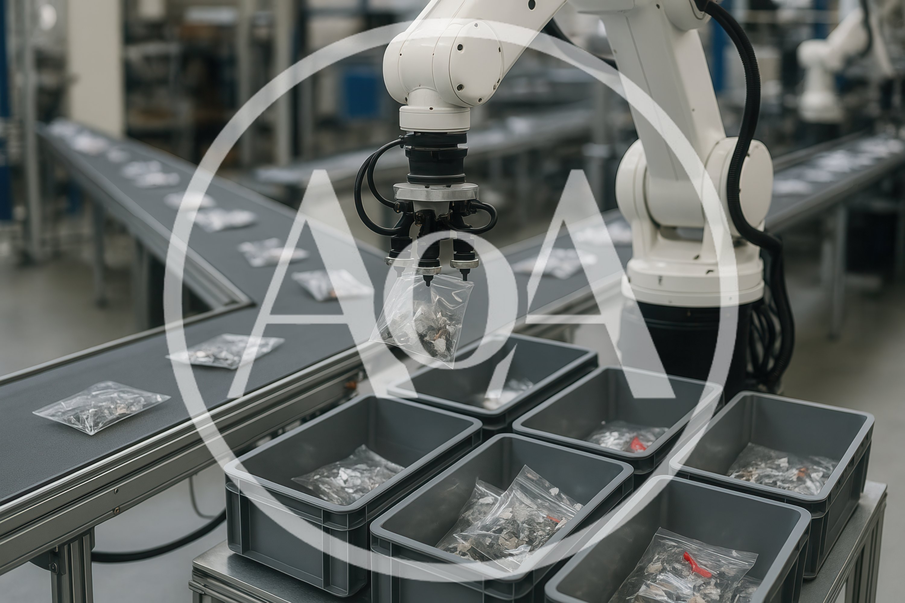 Industrial Robotic Arm Sorting Plastic Bags on Conveyor