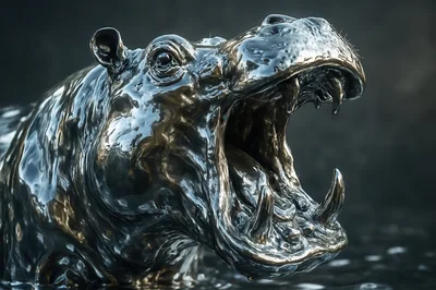 Metallic Hippo With Open Mouth In Dark Water