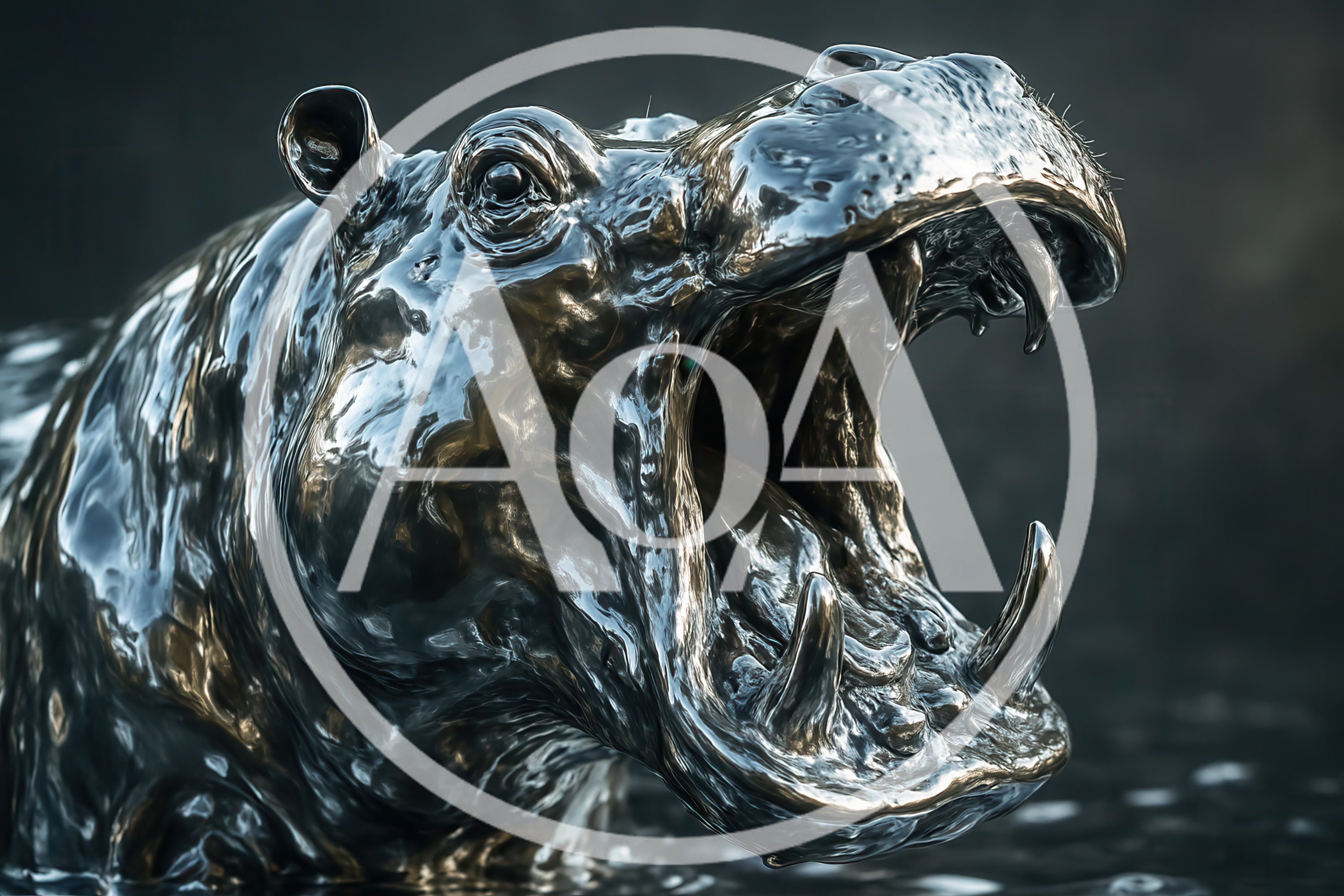 Metallic Hippo With Open Mouth In Dark Water