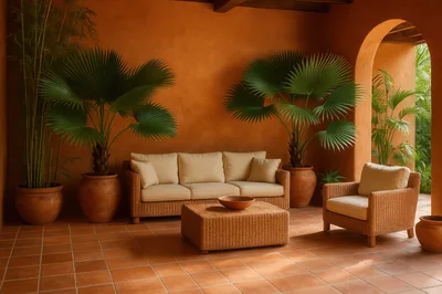 Outdoor Wicker Furniture Set On A Terracotta Patio